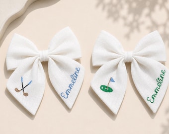 Embroidered Golf Hair Bow: Personalized Linen Golf Tournament Accessory