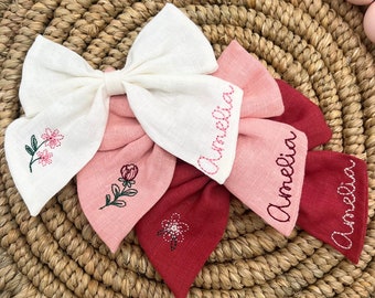 SET OF 3 Personalized Bow with Name Linen Hair Bow Embroidered Hair Clip for Girls with Flowers Custom Name Bow Monogrammed Hair Bow