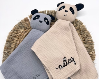 Personalized Panda Bear Lovey Baby Blanket Gift Set Custom Baby Shower Gift Embroidered Organic Lovey Panda Nursery Decor Gender Neutral