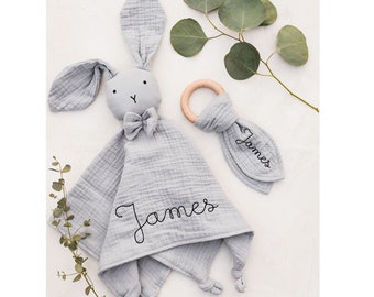 Personalized Baby Shower Gift - Embroidered Organic Muslin Cotton Bunny Rabbit Lovey and Teething Ring Gift Set