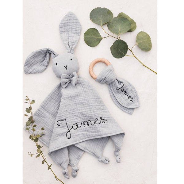 Personalized Baby Gift Embroidered Organic Cotton Muslin Lovey for Baby Gift Set Baby Boy Gift Montessori Baby Gift Bunny Lovey Baby Lovey