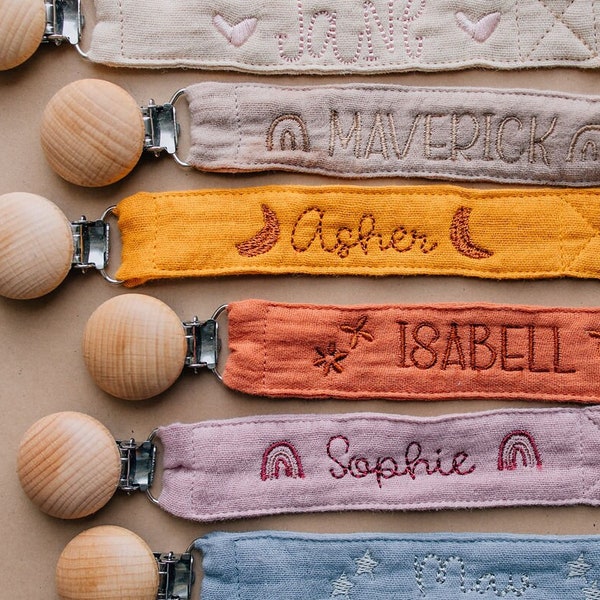 Personalized Baby Shower Gift Pacifier Clip with Name Custom Pacifier Holder Embroidered Paci Clip Binky Clip Boho Baby Neutral Baby Gift
