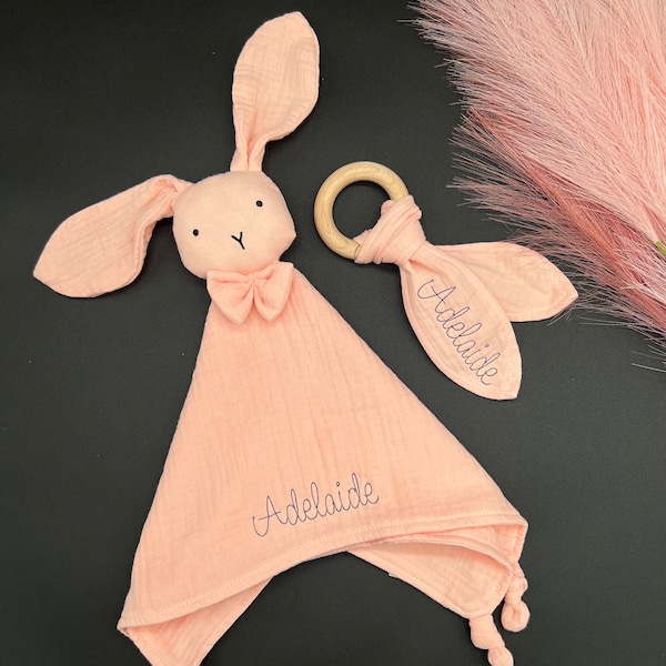 Personalized Baby Gift Lovey for Baby Shower Gift Embroidered Organic Muslin Cotton Bunny Lovey & Teether Personalized Lovey Newborn Gift