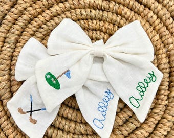 Embroidered Golf Hair Bow: Personalized Linen Golf Tournament Accessory