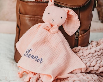 Manta de apego personalizada con forma de conejito, manta de seguridad de muselina orgánica bordada, regalo para baby shower, recuerdo personalizado para recién nacido.