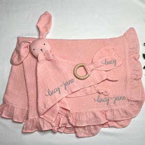 Personalisierte Baby Decke Lovey Set Benutzerdefinierte Kaninchen Sicherheitstuch Bio-Baumwolle Neugeborene Geschenk Dusche Andenken Plüsch Kinderzimmer Komfort Kleinkind