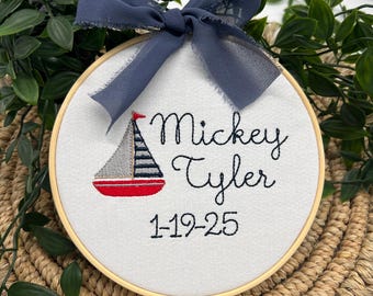 Sailboat Nursery Name Sign, Embroidered Baby Boy Room Decor