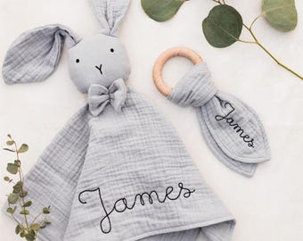 Personalized Embroidered Bunny Lovey and Teether Set in Heirloom Organic Muslin