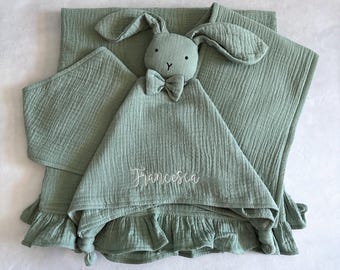 Personalisierte Bio Musselin Häschen Lovey Geschenk Set, Neugeborenen Decke Lätzchen Spucktuch