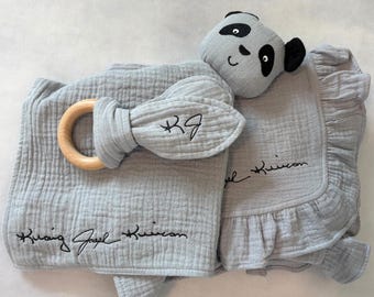 Handwritten Baby Set Panda Lovey and Blanket - Embroidered Organic Muslin Handwriting Keepsake