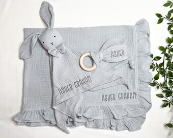 Personalized Baby Shower Gift Set Monogrammed Baby Blanket Custom Lovey THREE Piece Gift Set for Baby Gift with Name Keepsake Baby Gift