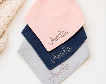 Personalized Bandana Bib Set, Embroidered Baby Bibs, Custom Name Muslin Bib, Baby Shower Gift