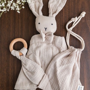 Personalized Baby Shower Gift Embroidered Organic Muslin Cotton Bunny Lovey Teething Ring Gift Set EcoFriendly Baby Toy Personalized Lovey Beige