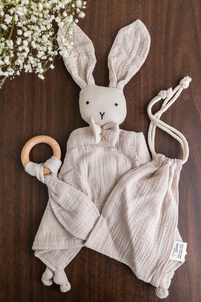 Personalized Baby Shower Gift Embroidered Organic Muslin Cotton Bunny Lovey Teething Ring Gift Set EcoFriendly Baby Toy Personalized Lovey Beige