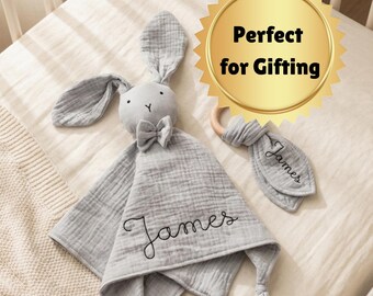 Personalized Bunny Lovey Security Blanket Baby Gift Shower Present Idea Newborn Comfort Toy Teething Ring Organic Cotton Muslin Gray Custom