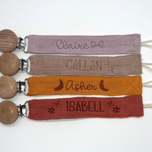 Personalized Baby Shower Gift Pacifier Clip with Name Custom Pacifier Holder Embroidered Paci Clip Binky Clip Boho Baby Neutral Baby Gift image 10