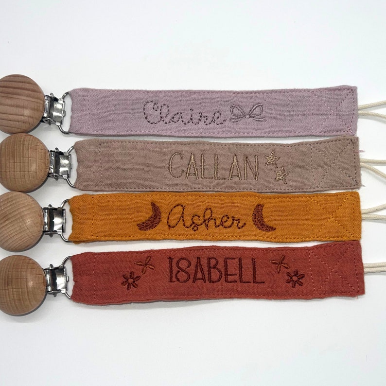 Personalized Baby Shower Gift Pacifier Clip with Name Custom Pacifier Holder Embroidered Paci Clip Binky Clip Boho Baby Neutral Baby Gift image 10