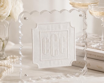 Personalized Bridal Monogram Frame Lucite Grandmillennial New Bride Name Embroidered Initial Desk Plaque