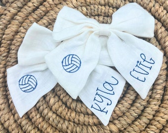 Personalized Volleyball Hair Bow: Embroidered Linen Accessory with Custom Name