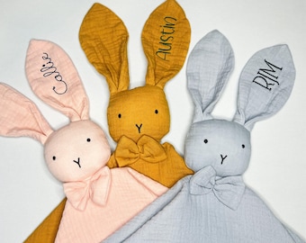Personalisierte Bunny Lovey Schmusetuch Baby Geschenk Geschenk Idee Kinderzimmer Komfort Artikel Neugeborene Bio Musslin Gestickter Name Individuell