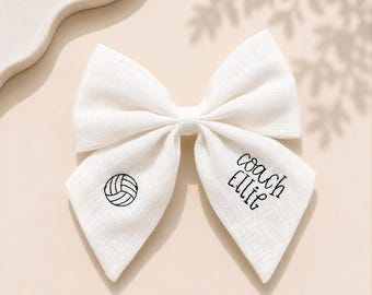 Personalized Volleyball Hair Bow: Embroidered Linen Hair Accessory with Name