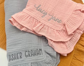 Personalized Organic Muslin Baby Blanket, Embroidered Name Newborn Keepsake, Monogrammed Heirloom Baby Shower Gift, Custom Nursery Blanket