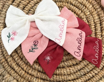 Personalized Linen Floral Hair Bow Set Custom Name Embroidered Baby Girl