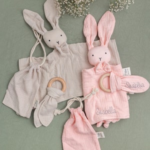 Personalized Baby Shower Gift Embroidered Organic Muslin Cotton Bunny Lovey Teething Ring Gift Set EcoFriendly Baby Toy Personalized Lovey image 9