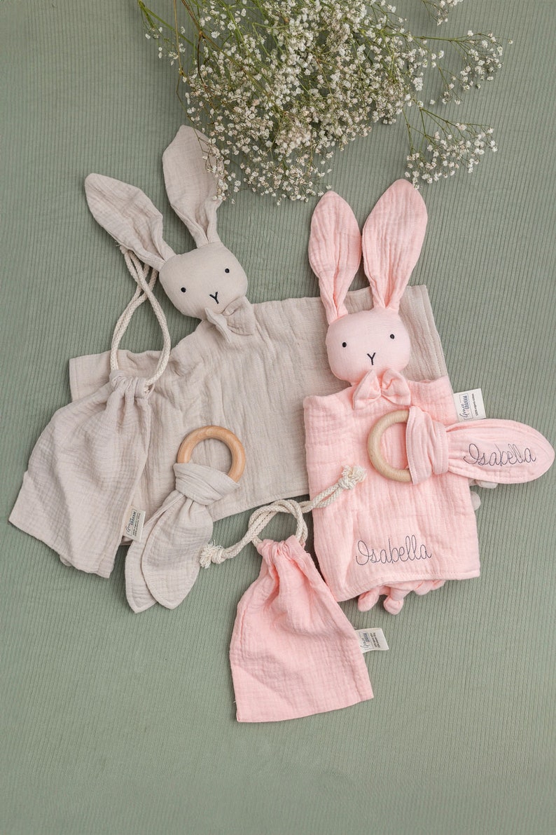 Personalized Baby Shower Gift Embroidered Organic Muslin Cotton Bunny Lovey Teething Ring Gift Set EcoFriendly Baby Toy Personalized Lovey image 9