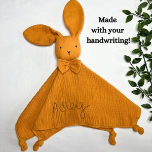 Custom Embroidered Lovey Handwriting Keepsake Baby Blanket Memorial Gift Idea Personalized Signature Design Organic Muslin Material Breathable Lightweight Fabric Newborn Security Comfort Special Baby Shower Present Sentimental Heirloom