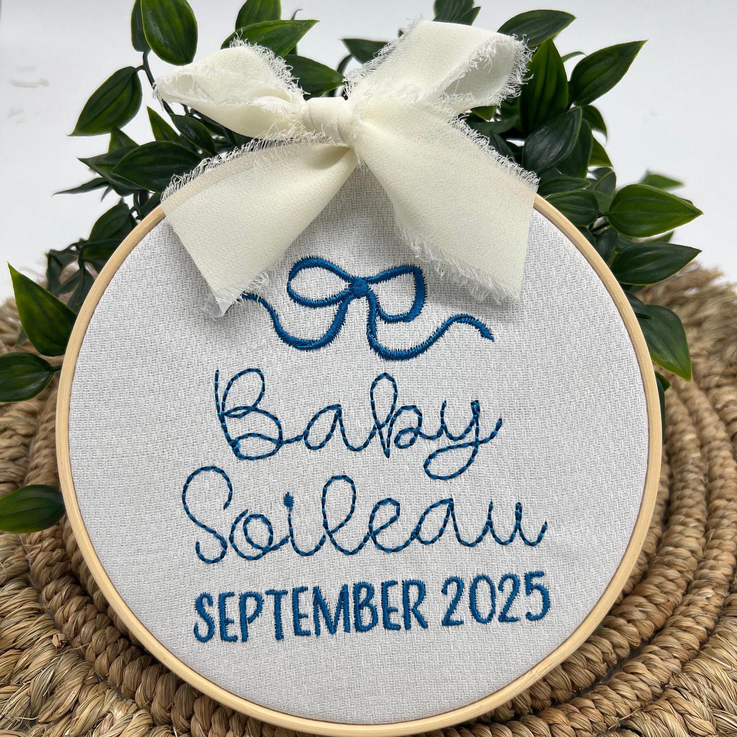 Birth Announcement with coquette Bow Embroidered Baby Birth Announcement Sign  Personalized Embroidery Hoop Pregnancy Announcement Photos