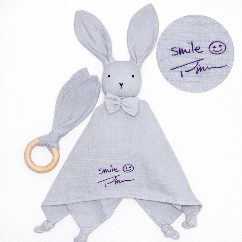 Organic Muslin Lovey Blanket Custom Handwriting Keepsake Personalized Baby Gift Memorial Signature Embroidery Newborn Security Blanket Breathable Cotton Fabric Double Layer Construction Sentimental Heirloom Quality Family Memory
