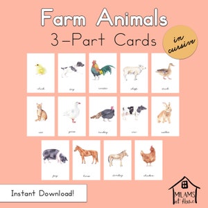 Animales de Granja Cursiva Tarjetas de 3 Partes, Montessori, Educación en el Hogar, Charlotte Mason, Waldorf, Estudio de la Naturaleza, Preescolar, Jardín de Infantes