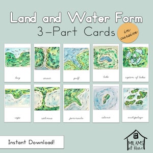 Tarjetas de 3 partes en cursiva con relieve, Montessori, educación en casa, Reggio Emilia, Waldorf, estudio de la naturaleza, relieves terrestres y acuáticos, lagos, bahías, geografía