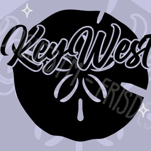May include: Black and white graphic design of a sand dollar with the text "Key West" written in a stylized font.