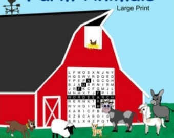 Wordsearch Farm Animal Puzzle Coloring book for Adults and Children, large print learn about animals.