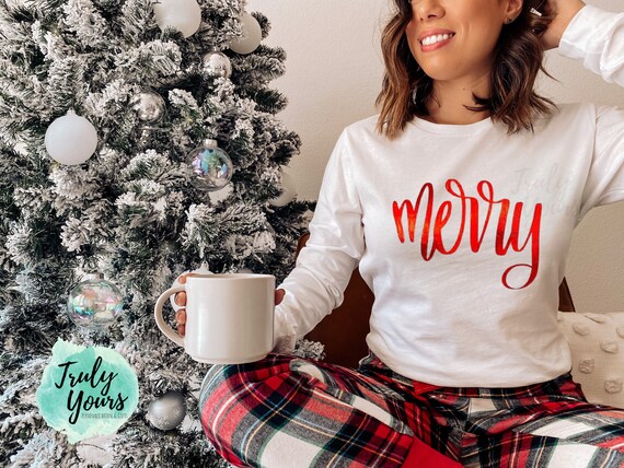 Long Sleeve Christmas T-shirt Merry - Etsy