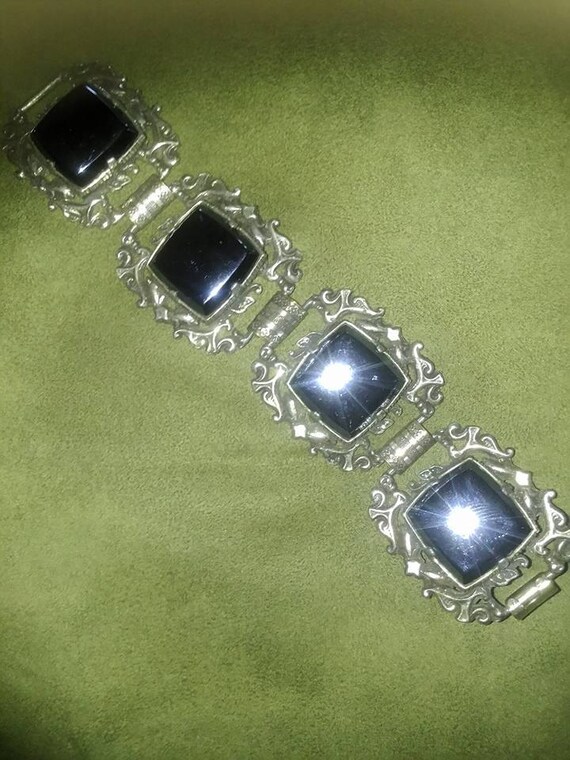 Bluish-Black Obsidian Panel Link Braclet - image 1