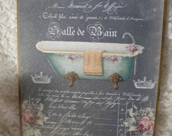 Shabby Chic /Vintage French Bathroom Sign Salle de Bain (aqua)Plaque 8"x 10"