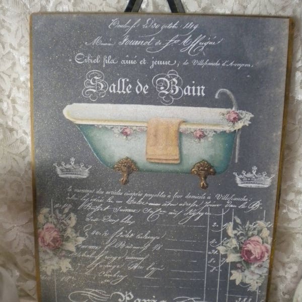 Shabby Chic /Vintage French Bathroom Sign Salle de Bain (aqua)Plaque 8"x 10"