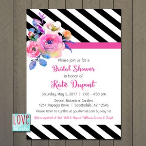 Bridal Wedding Shower, Retirement, Birthday, Floral, Black and white Invitation, Printable DIGITAL FILE, 5x7