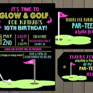 Golf Glow Party, Goofy Golf, Mini Golf Uitnodiging, bedankkaart, Favor tags - Set - AFDRUKBAAR DIGITAAL BESTAND