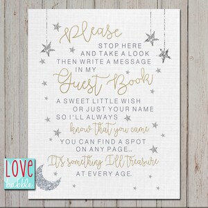 Twinkle Twinkle Little Star Baby Shower, White Gold, Silver, Guest Book, Gift Table, Loved -  PRINTABLE DIGITAL FILE 8x10