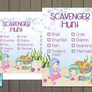 Scavenger Hunt List, Mermaid Beach Pool Summer outdoor PRINTABLE DIGITAL FILE - 5x7