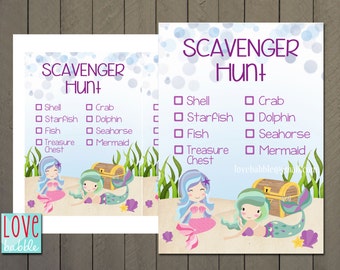 Scavenger Hunt List, Mermaid Beach Pool Summer outdoor PRINTABLE DIGITAL FILE - 5x7