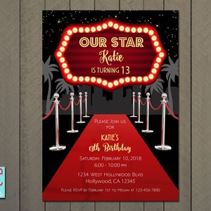 Hollywood Movie Red Carpet Birthday Invitation, PRINTABLE DIGITAL FILE - 5x7