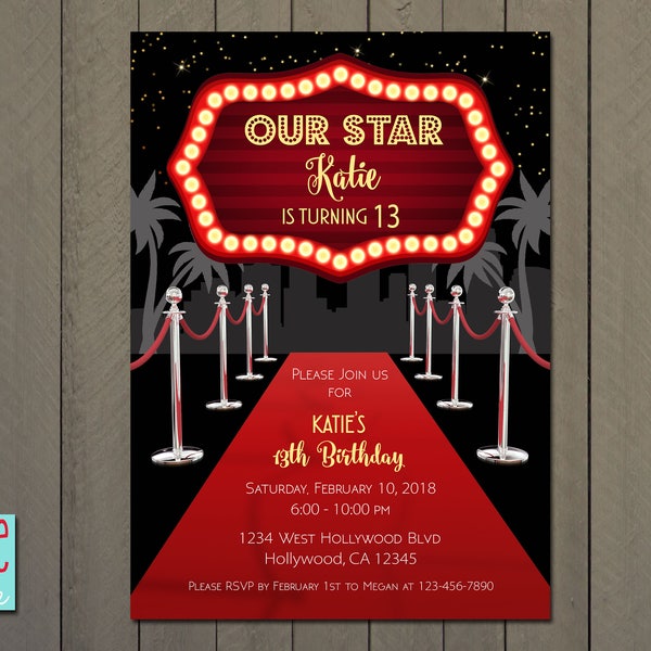 Hollywood Movie Red Carpet Birthday Invitation, PRINTABLE DIGITAL FILE - 5x7