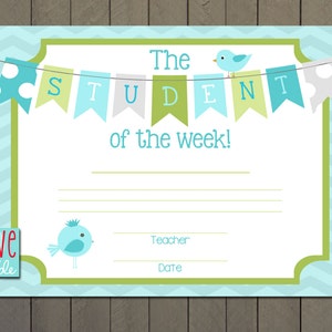 Student of the week month, School Student award certificate - 8.5x11 - PRINTABLE DIGITAL FILE