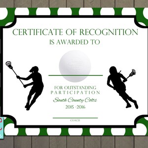 Lacrosse Sports Award Certificate 8.5 x 11 PRINTABLE DIGITAL FILE