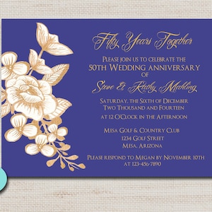 Wedding Invitations, Anniversary Invitation, Bridal Shower Gold Blue Purple Black PRINTABLE DIGITAL FILE - 5x7